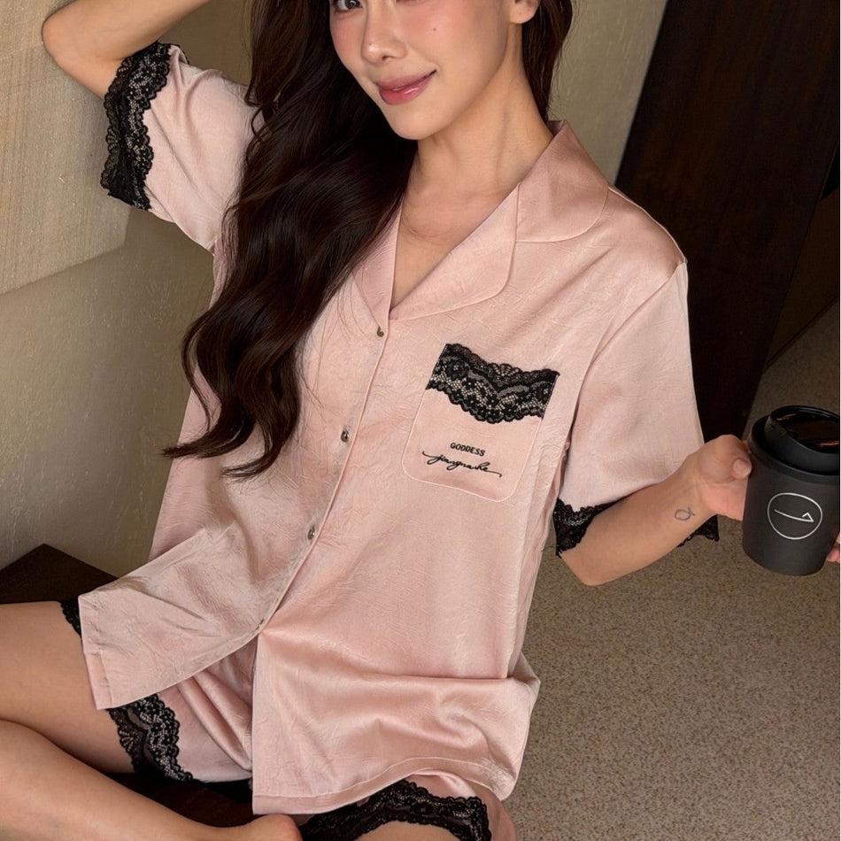 Women's Ice Silk Jacquard Short Sleeve Pajama Set