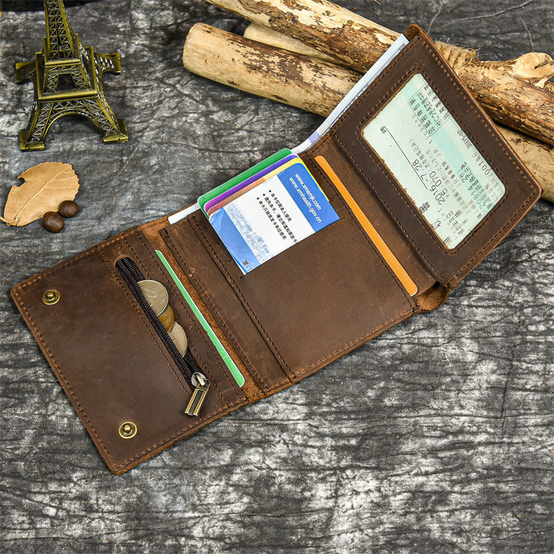 Men's Genuine Leather Tri-Fold Crazy Horse Wallet