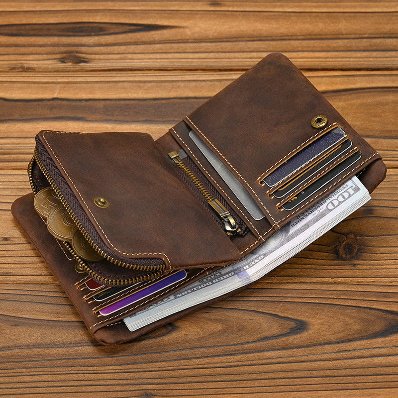 Retro Genuine Leather Short Wallet with Coin Pocket