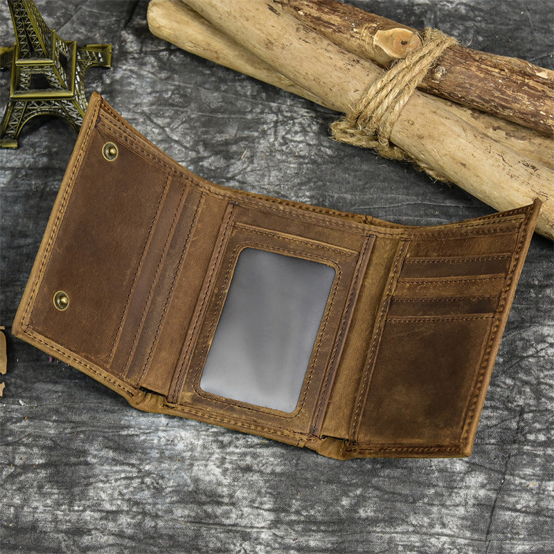 Vintage Genuine Leather Tri-Fold Wallet with Coin Purse