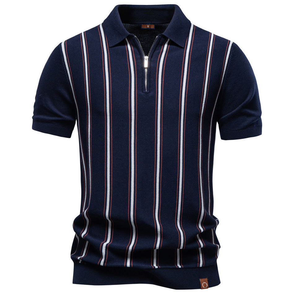 Men's Ice Silk Striped Zip Knit Polo Shirt – Breathable Fit