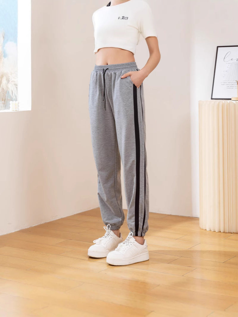 Women's High Waist Gray Jogger Sweatpants with Patchwork
