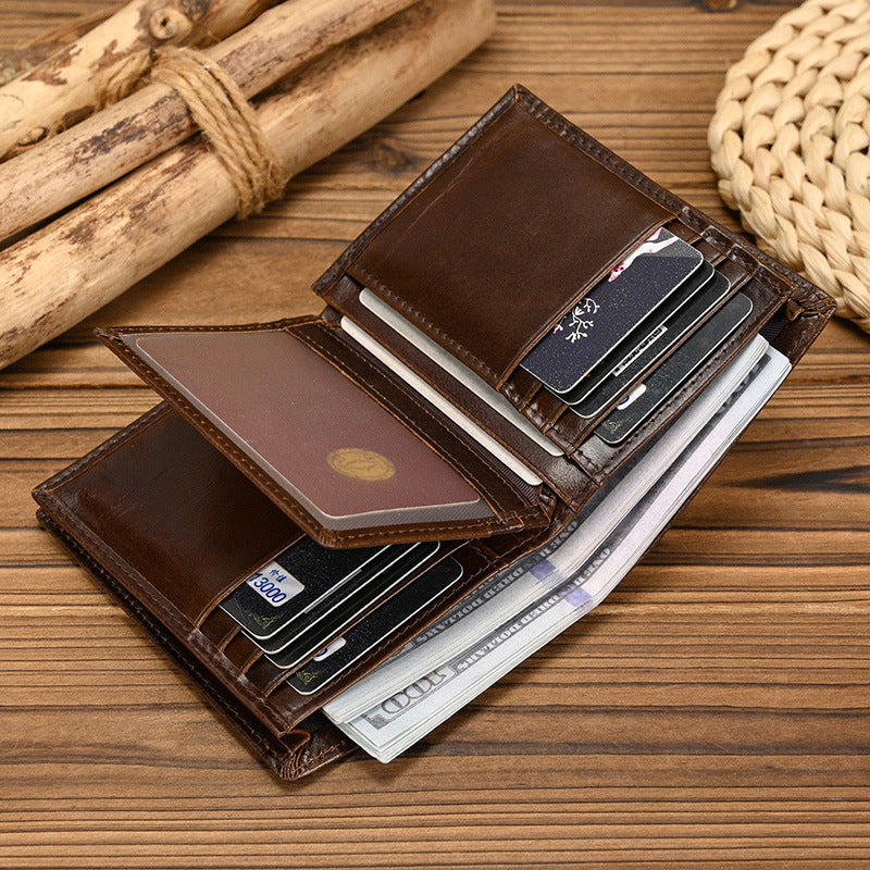 RFID Genuine Leather Tri-Fold Wallet with Card Slots