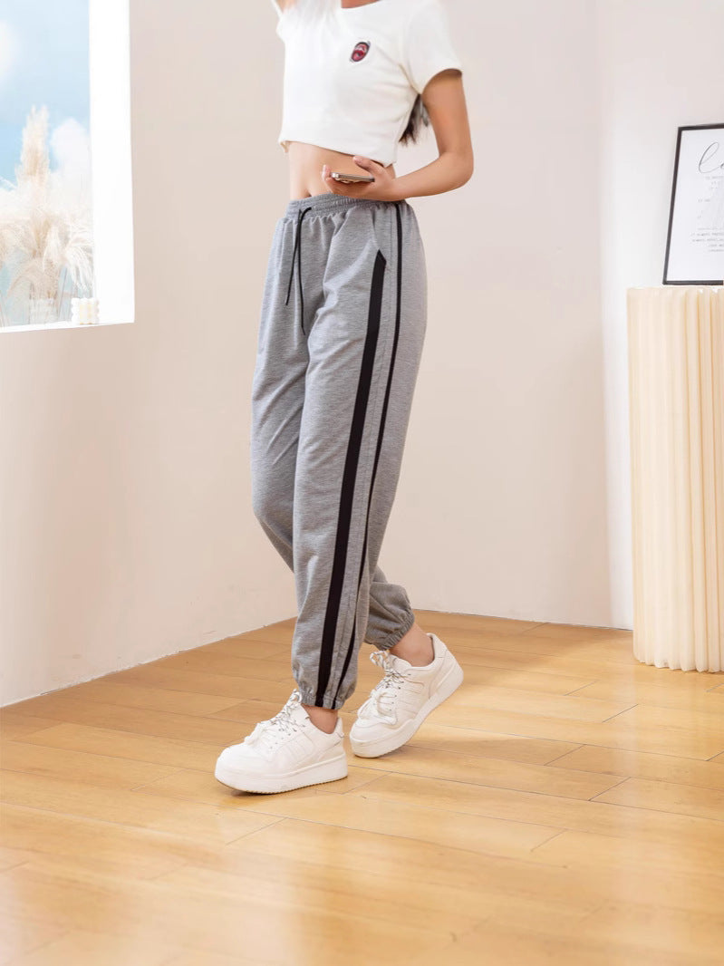 Women's High Waist Gray Jogger Sweatpants with Patchwork