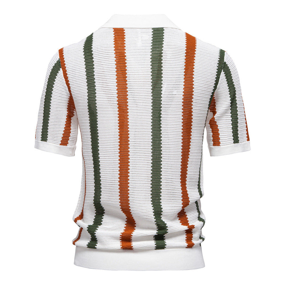 Men's Striped Knit Polo Shirt Breathable Hollow Short Sleeve
