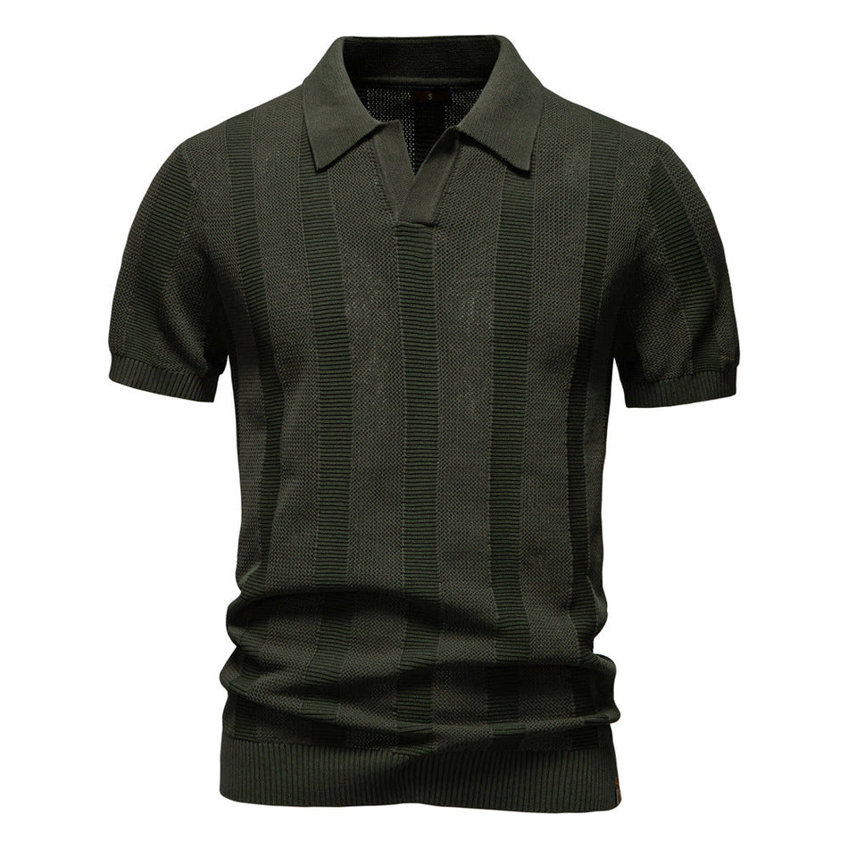 Men's Striped Hollow Knit Polo Shirt Breathable Short Sleeve