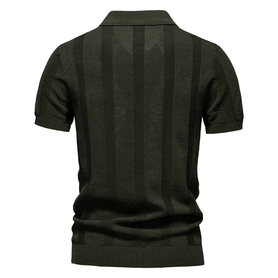 Men's Striped Hollow Knit Polo Shirt Breathable Short Sleeve