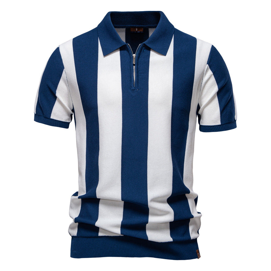 Men's Striped Knit Polo Shirt Light Business Short Sleeve