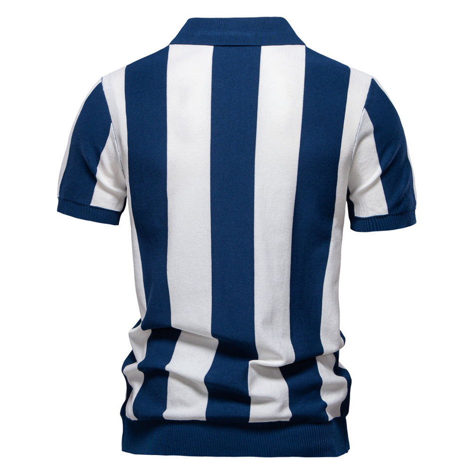 Men's Striped Knit Polo Shirt Light Business Short Sleeve