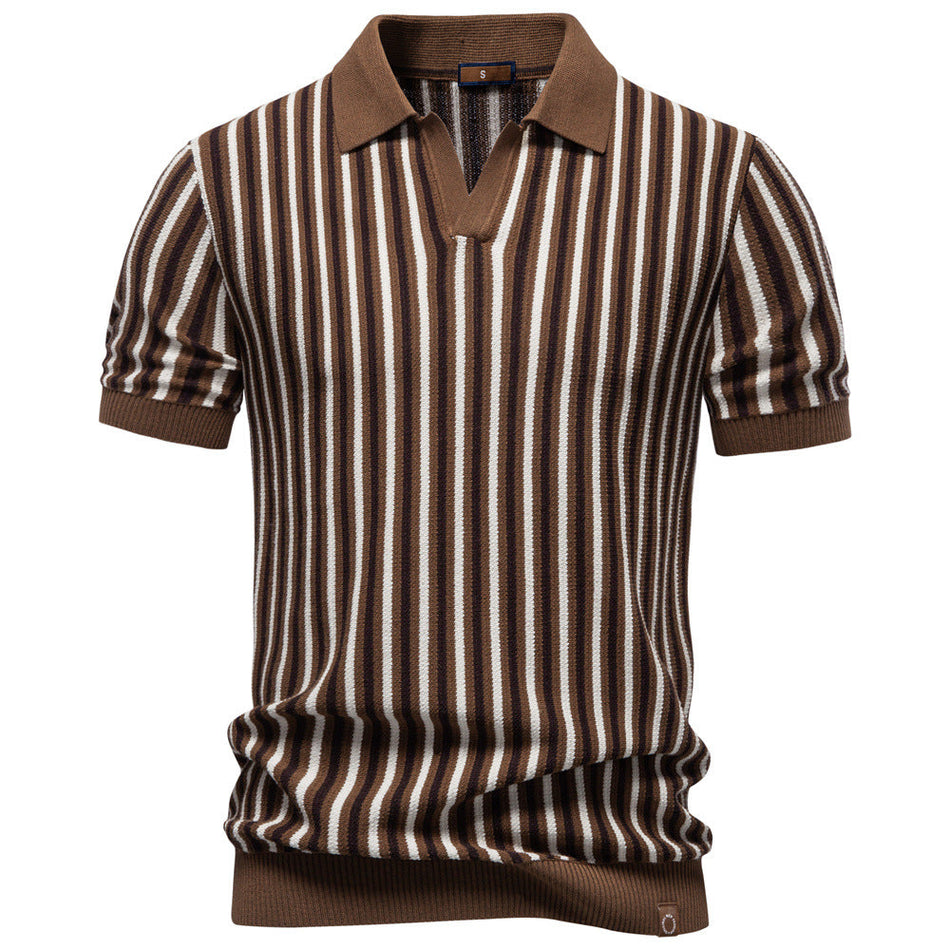 Men's Striped Knit Polo Shirt Lapel Short Sleeve Slim Fit