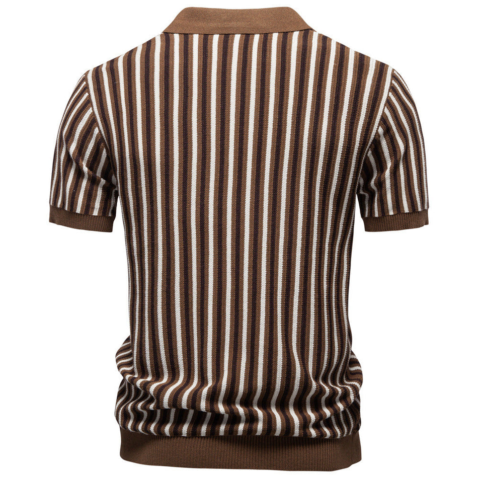 Men's Striped Knit Polo Shirt Lapel Short Sleeve Slim Fit