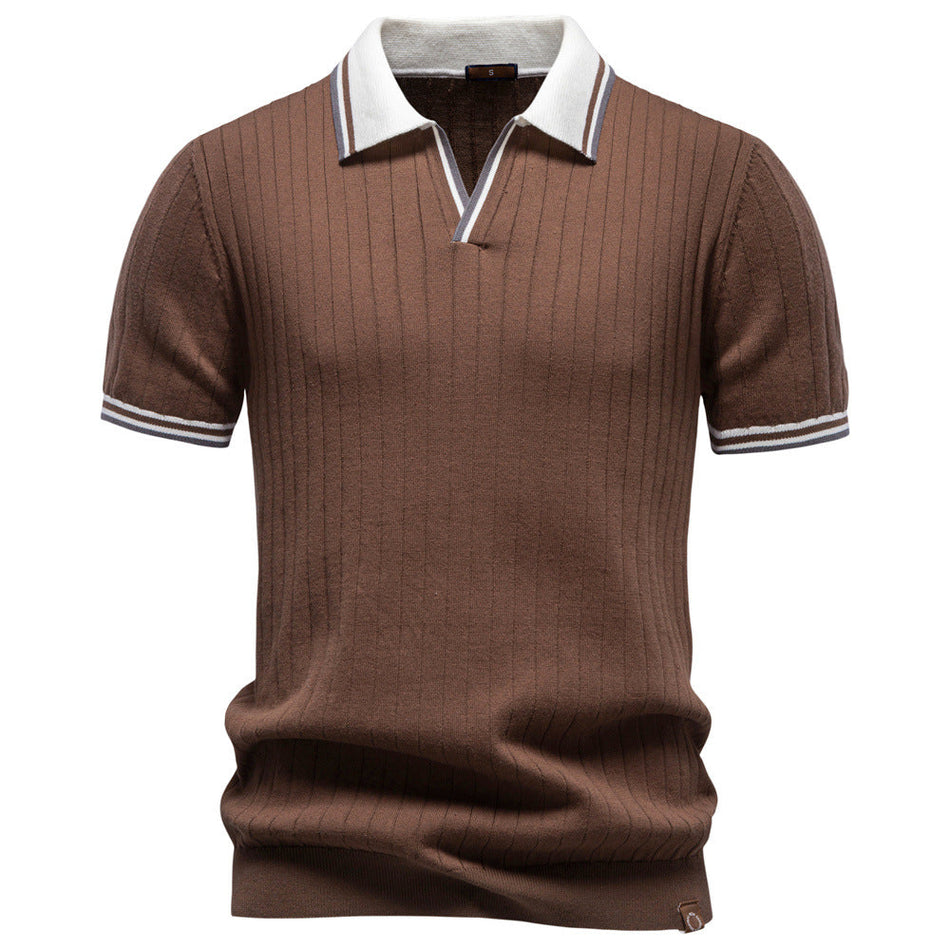 Men's Cotton Color-Block Polo Shirt Short Sleeve Loose Fit Knit