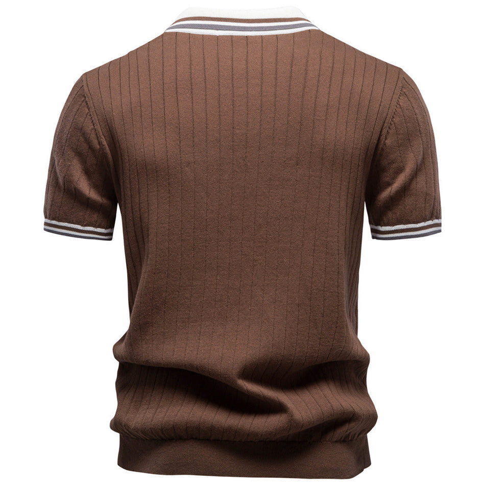 Men's Cotton Color-Block Polo Shirt Short Sleeve Loose Fit Knit