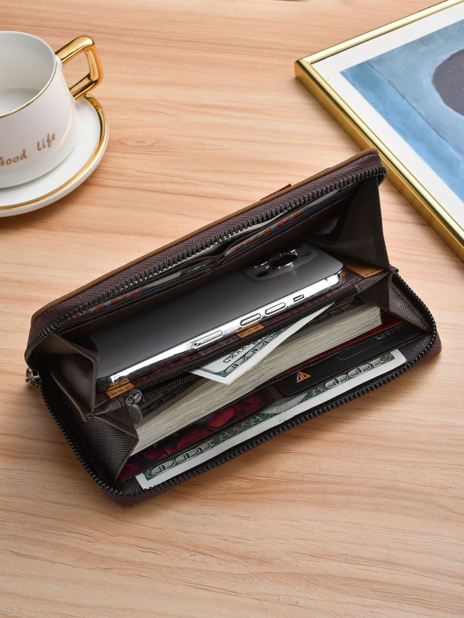 Men's Retro Leather Clutch Wallet with Phone Compartment