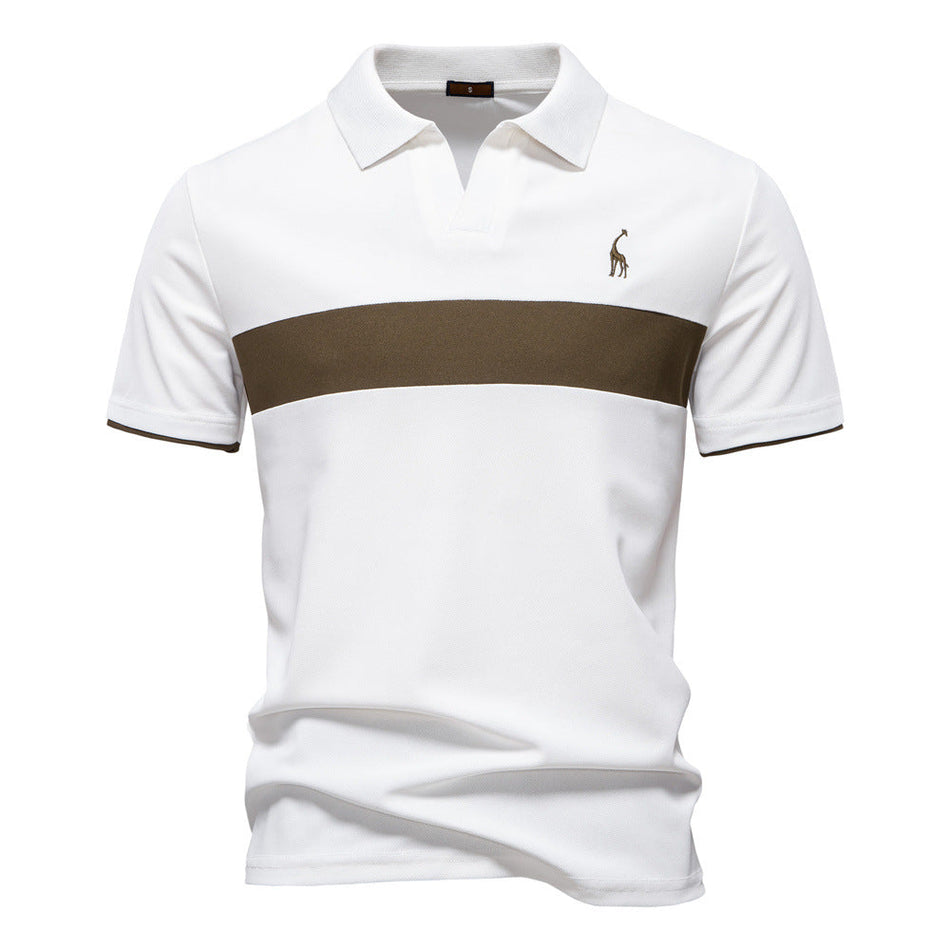 Men's Fawn Embroidered Polo Shirt Color Block V-Neck Short Sleeve