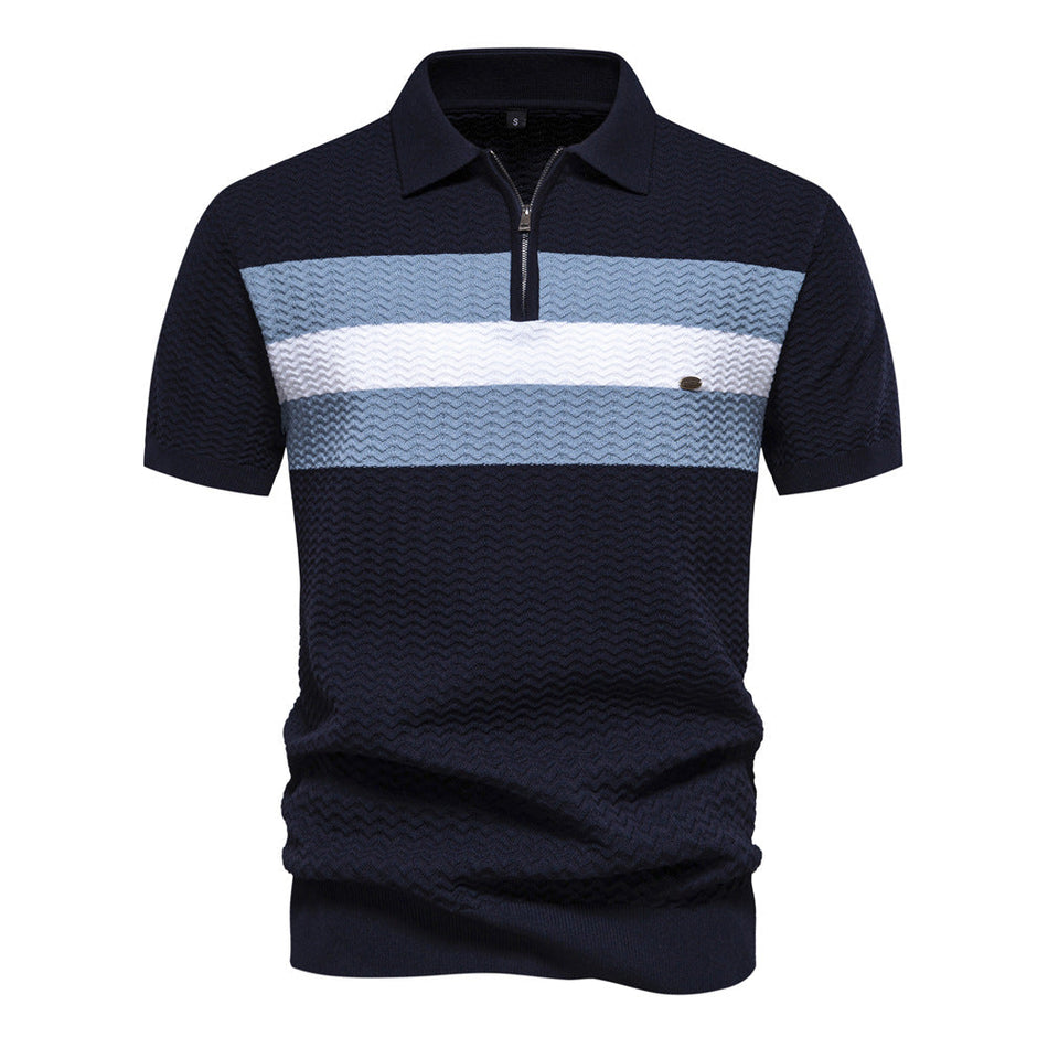 Men's Striped Half-Zip Polo Shirt Slim Fit Short Sleeve Summer