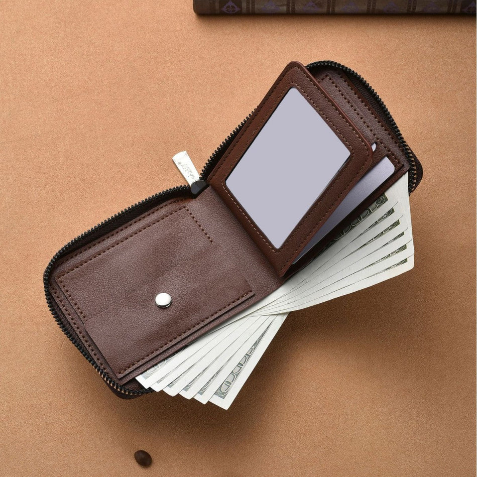 Men's Brushed PU Zipper Wallet with Card Slots