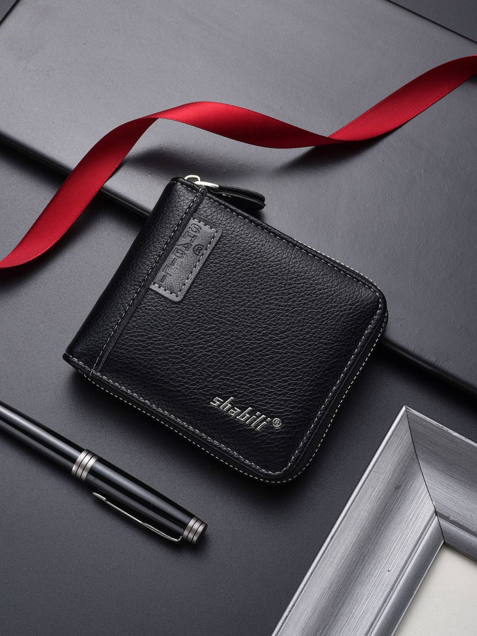 Men's Lychee Pattern Leather Zipper Short Wallet