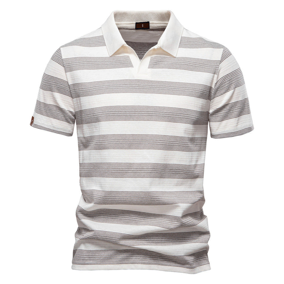 Men's Striped Cotton Polo Shirt Lapel Short Sleeve Casual Fit