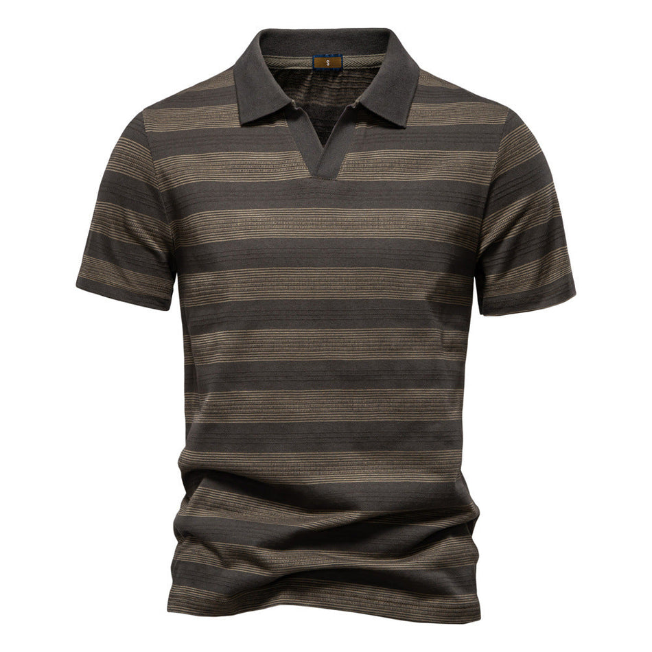 Men's Striped Cotton Polo Shirt Lapel Short Sleeve Casual Fit