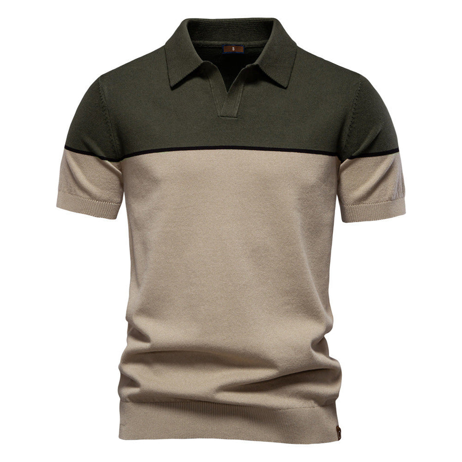 Men's Color-Block Knit Polo Shirt Lapel Short Sleeve Casual Fit