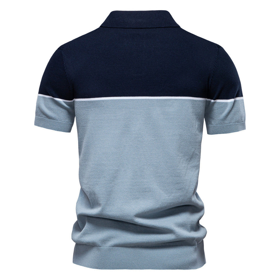Men's Color-Block Knit Polo Shirt Lapel Short Sleeve Casual Fit