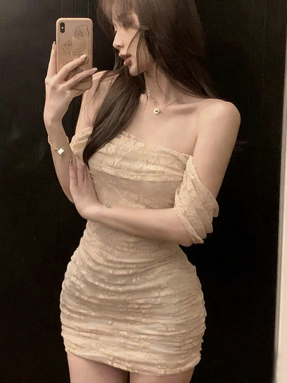 Lace Tube Top Off Shoulder Bodycon Mini Dress Women