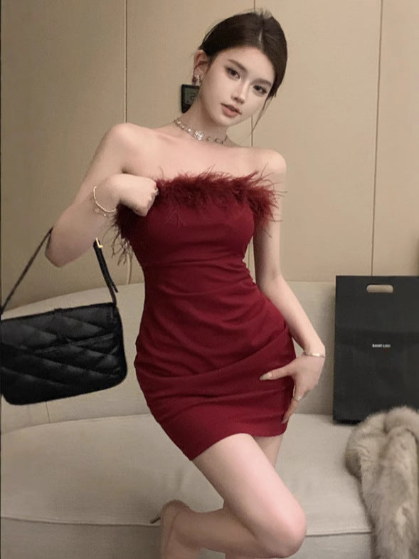 Fur Collar Tube Top Bodycon Mini Dress Women Elegant Party Wear