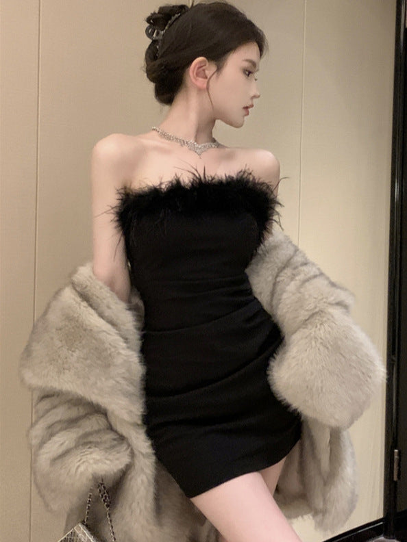 Fur Collar Tube Top Bodycon Mini Dress Women Elegant Party Wear