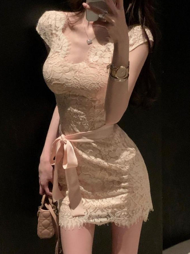 French Lace Collar Bodycon Mini Dress Summer Slim Fit