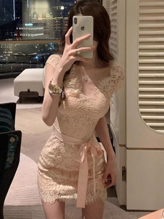 French Lace Collar Bodycon Mini Dress Summer Slim Fit