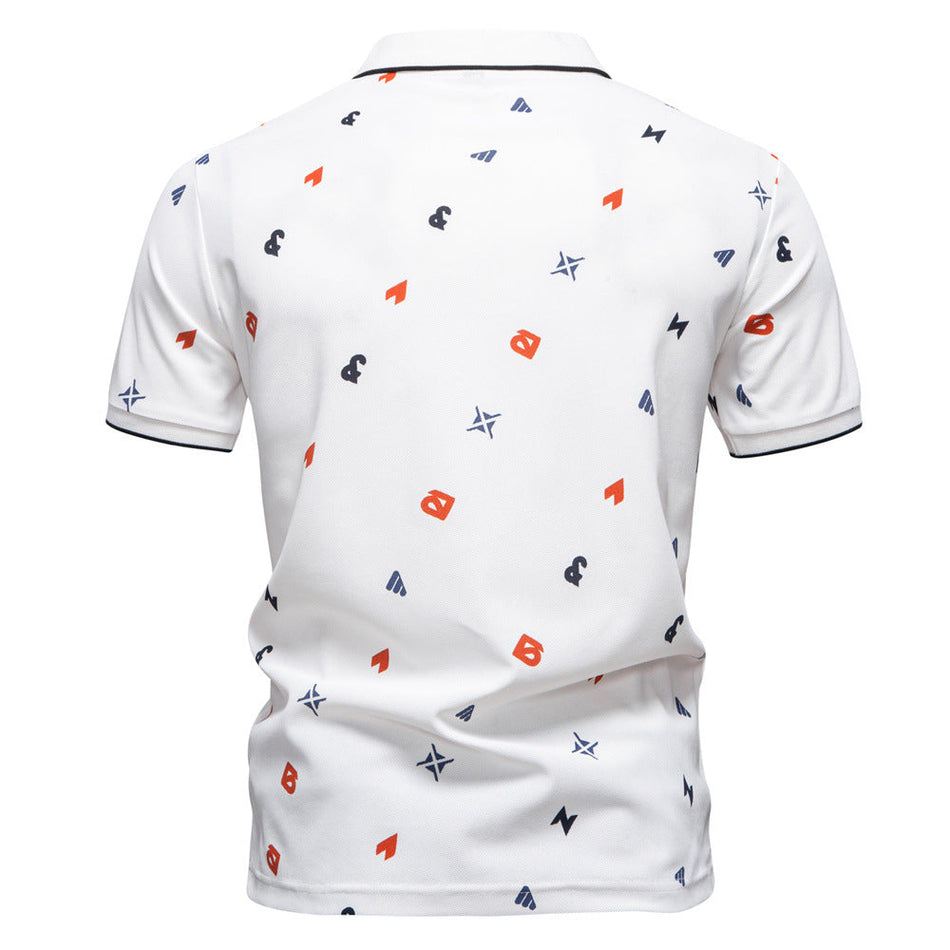 Men's Letter Print Polo Shirt Short Sleeve Cotton Casual Fit