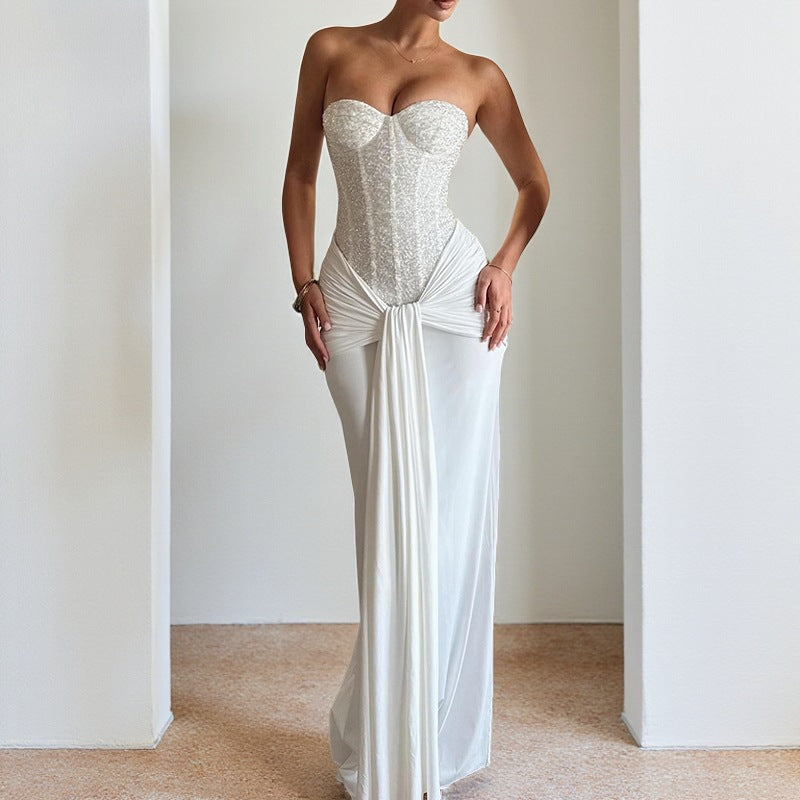 Tube Top Ribbon Waist Evening Dress Long Elegant Slim Fit Gown