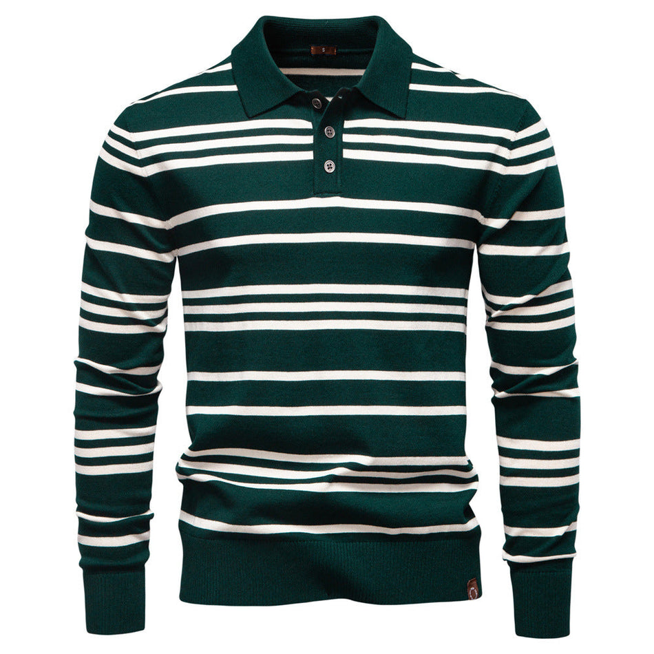 Men's Striped Knit Polo Sweater Lapel Slim Fit Long Sleeve