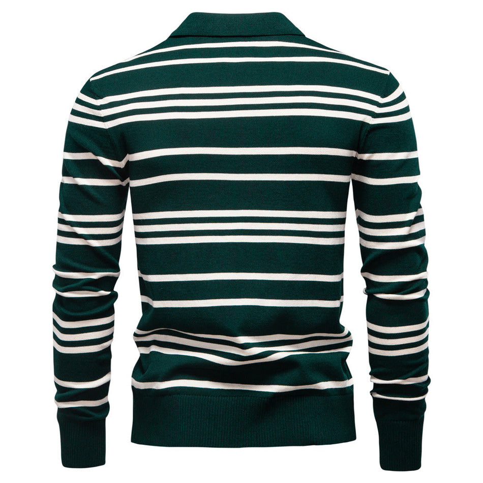 Men's Striped Knit Polo Sweater Lapel Slim Fit Long Sleeve
