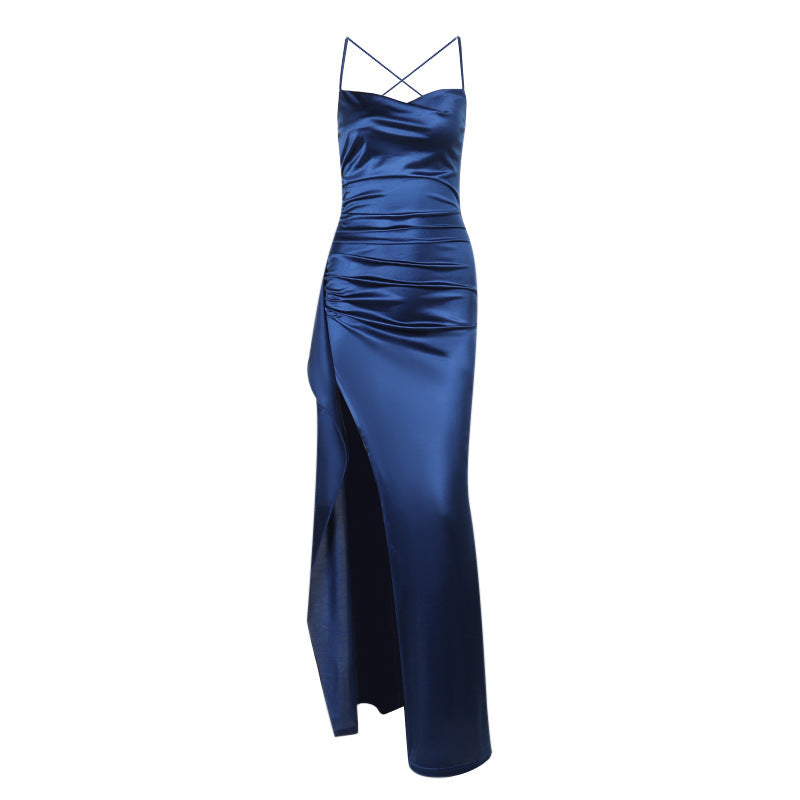 Pleated Satin Split Dress Elegant Slim Fit Evening Dress Women