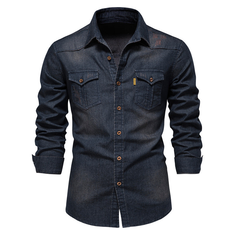 Men's Denim Long Sleeve Shirt Solid Color Lapel Slim Fit Casual