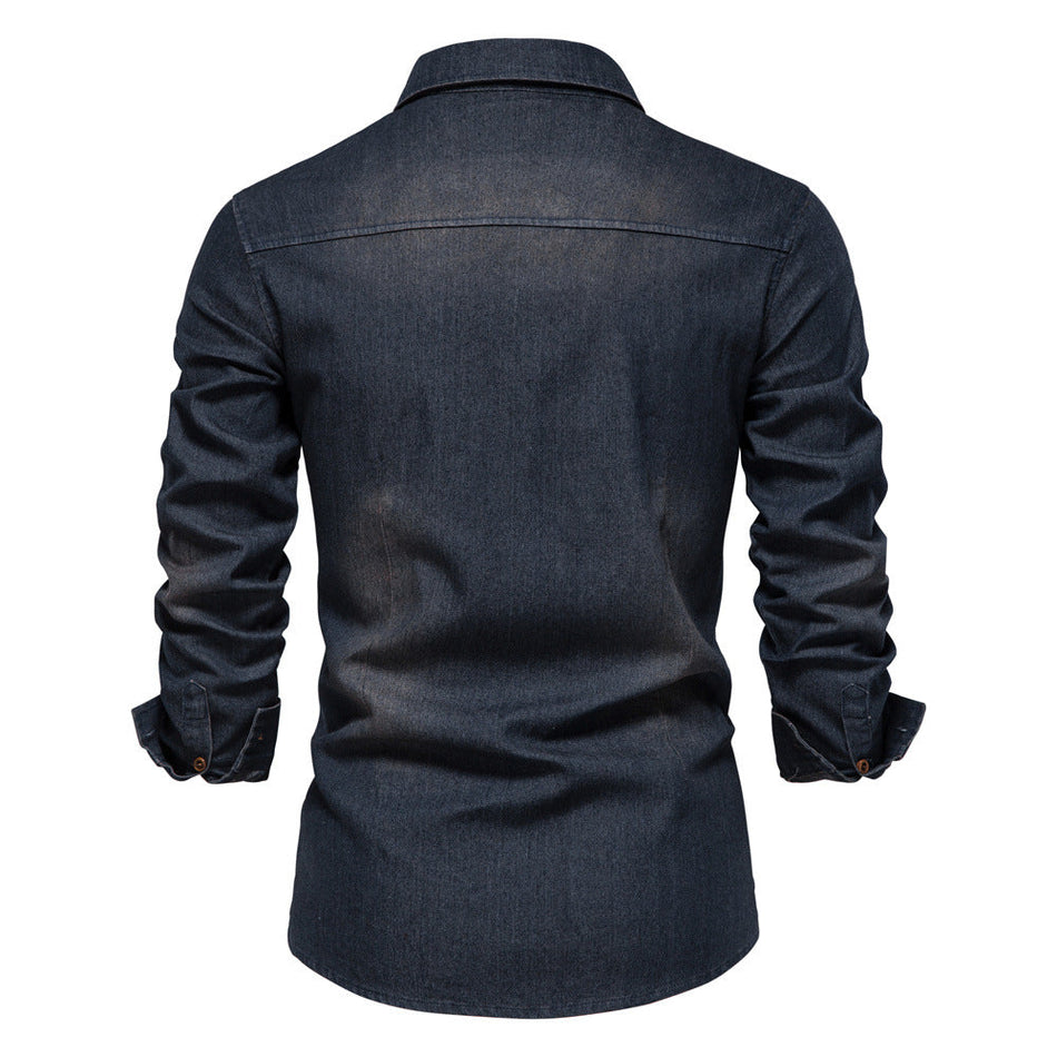 Men's Denim Long Sleeve Shirt Solid Color Lapel Slim Fit Casual