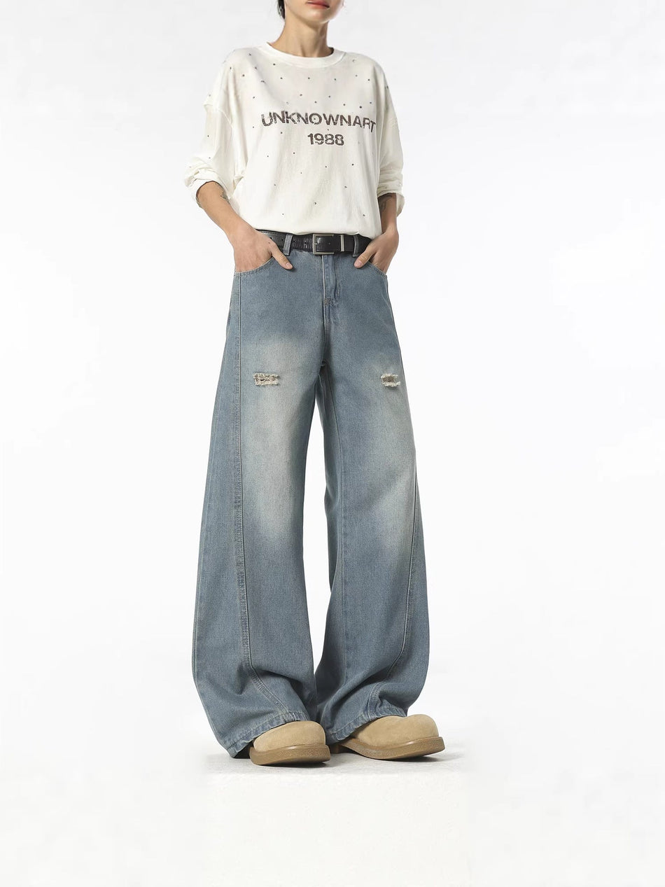 Men's American Retro Washed Wide-Leg Straight Jeans