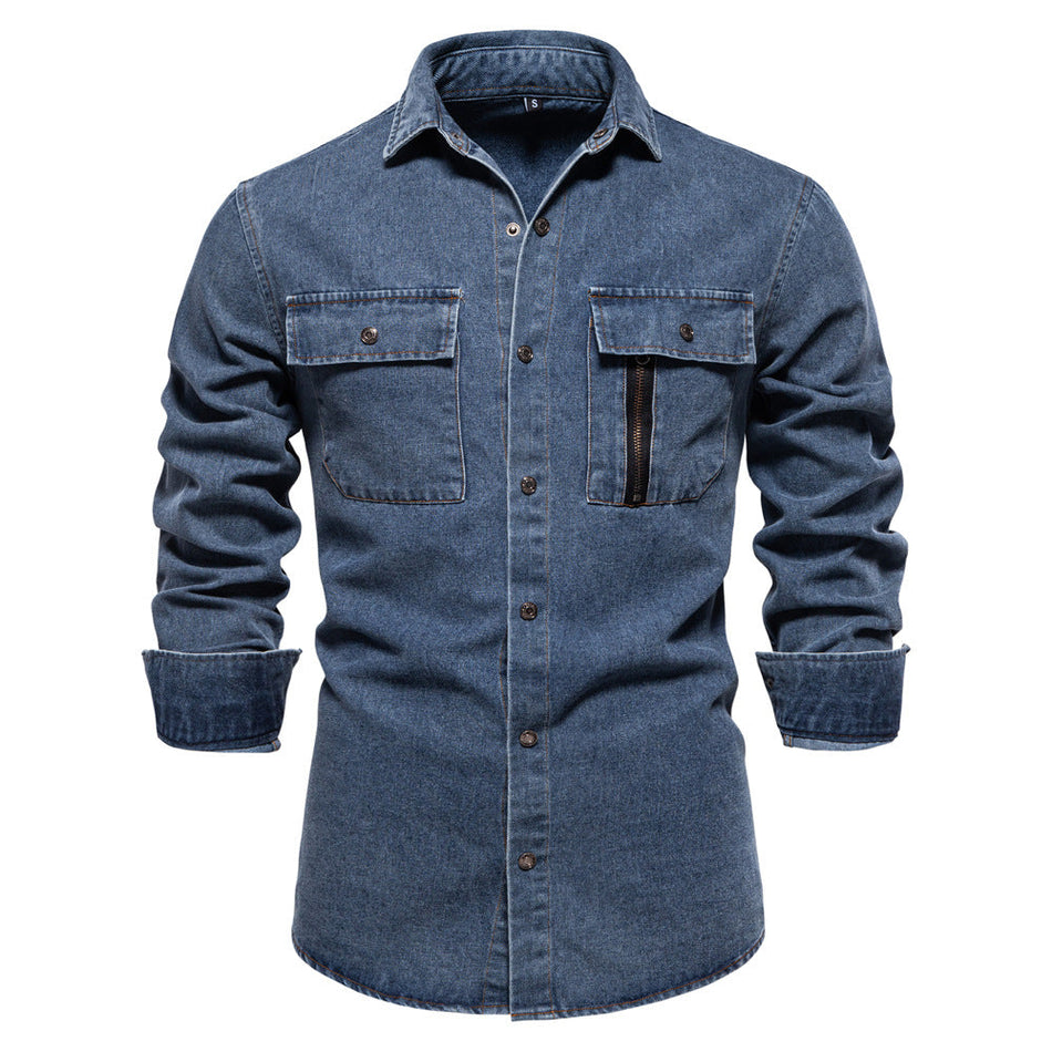 Men's Washed Denim Shirt Cotton Long Sleeve Lapel Slim Fit Casual