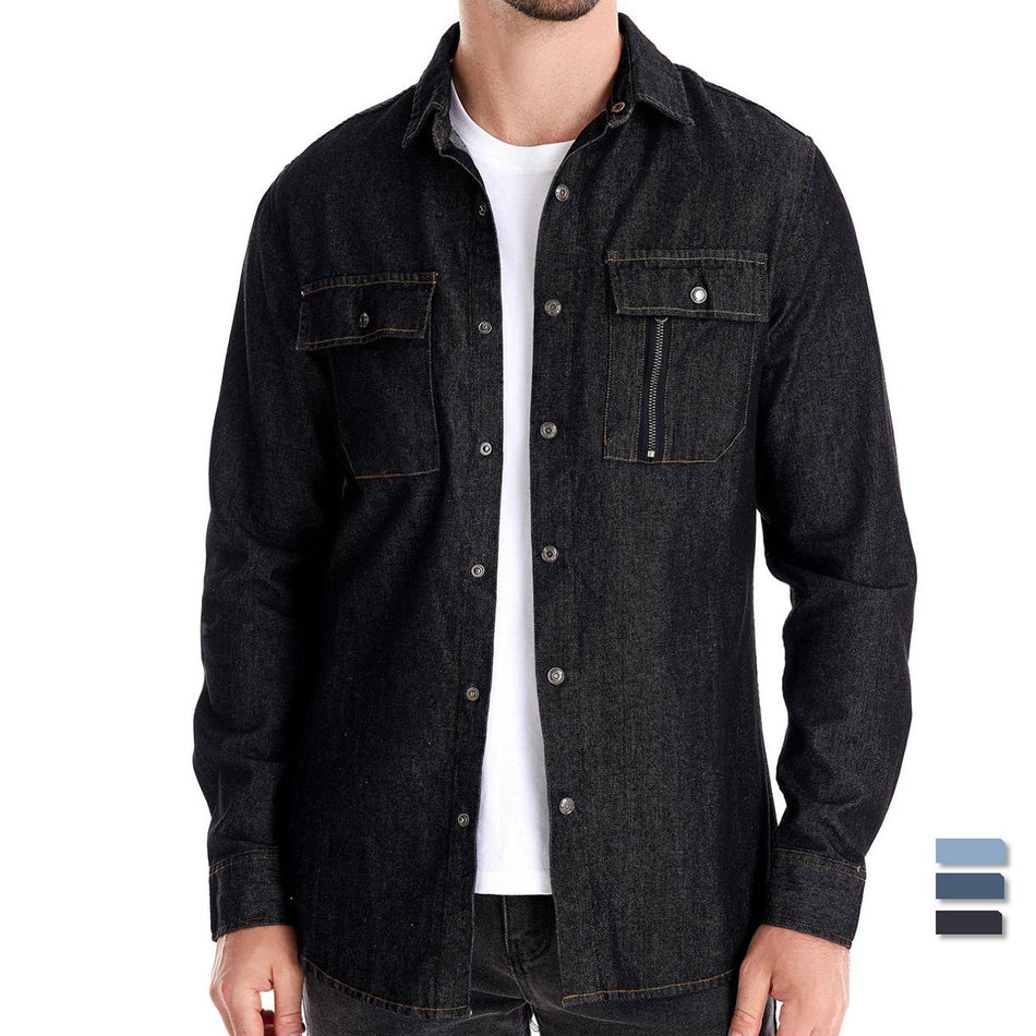 Men's Washed Denim Shirt Cotton Long Sleeve Lapel Slim Fit Casual
