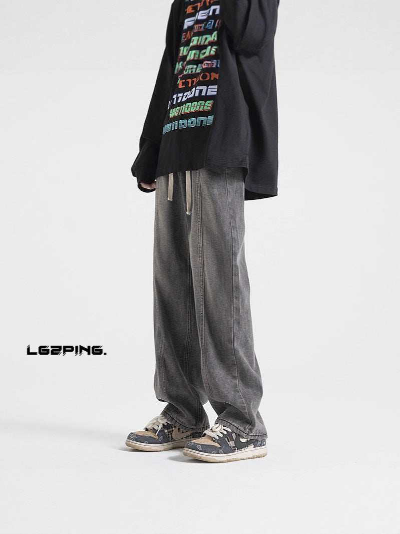 Unisex Distressed Patchwork Drawstring Loose Jeans