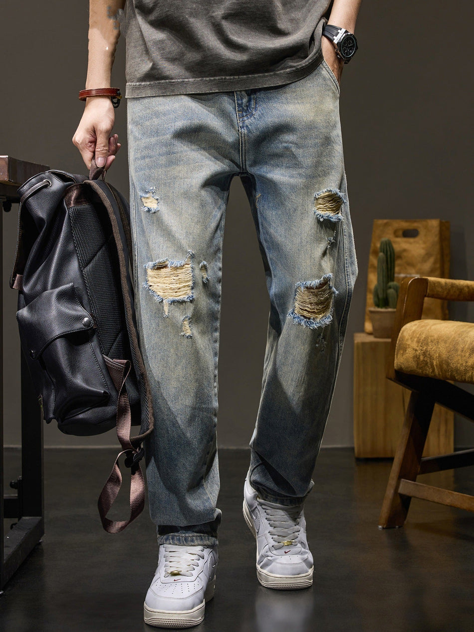 Men's Retro Washed Distressed Straight Loose Jeans