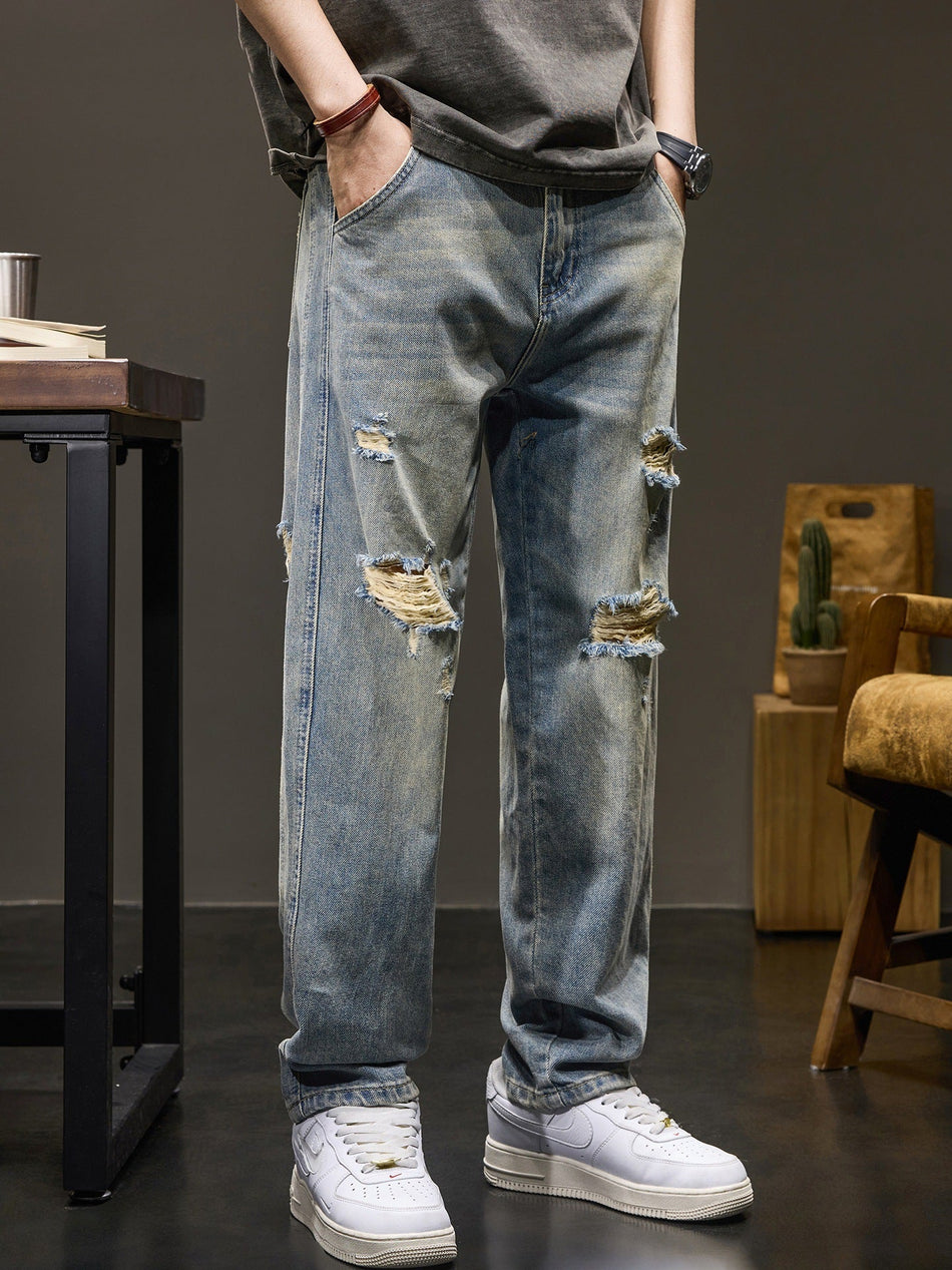 Men's Retro Washed Distressed Straight Loose Jeans