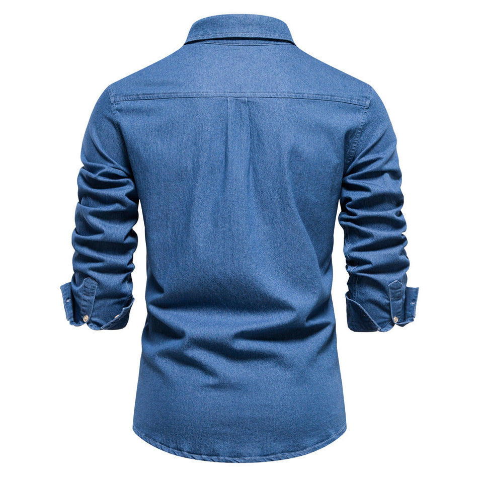 Men's Wrinkle-Resistant Denim Shirt Slim Fit Long Sleeve Casual