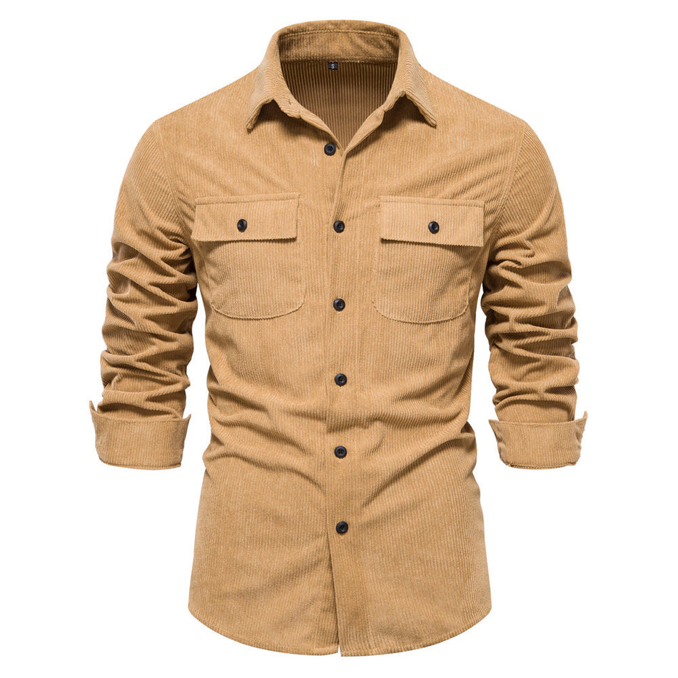 Men's Corduroy Shirt Slim Fit Long Sleeve Solid Color Casual