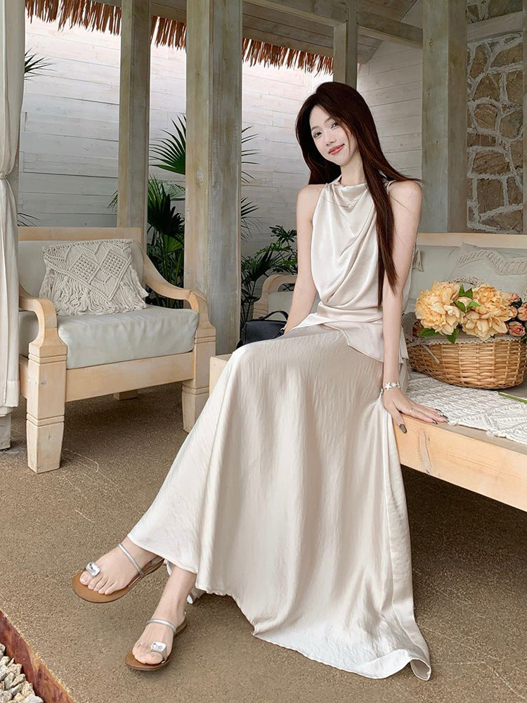 French Satin Lace-Up Top and High Waist Skirt Set