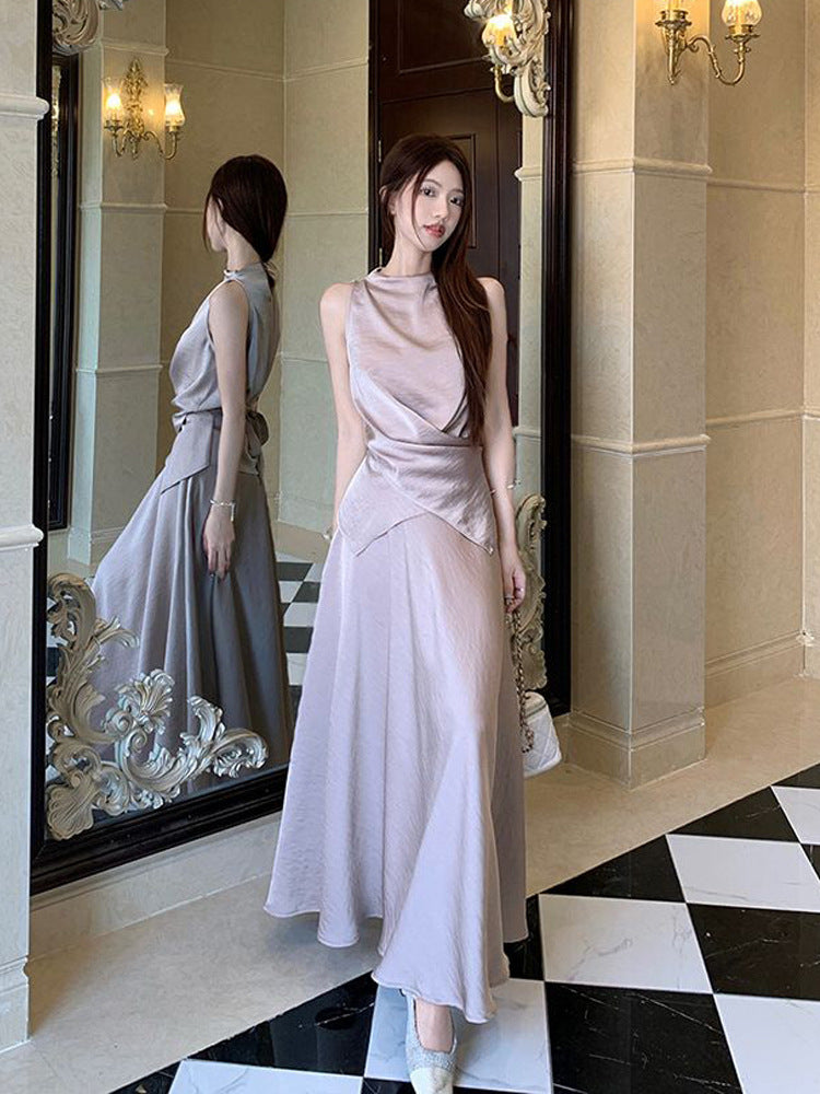 French Satin Lace-Up Top and High Waist Skirt Set