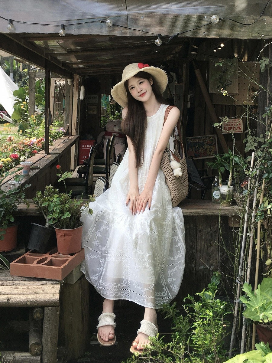 French Jacquard Sleeveless A-Line Maxi Dress for Women