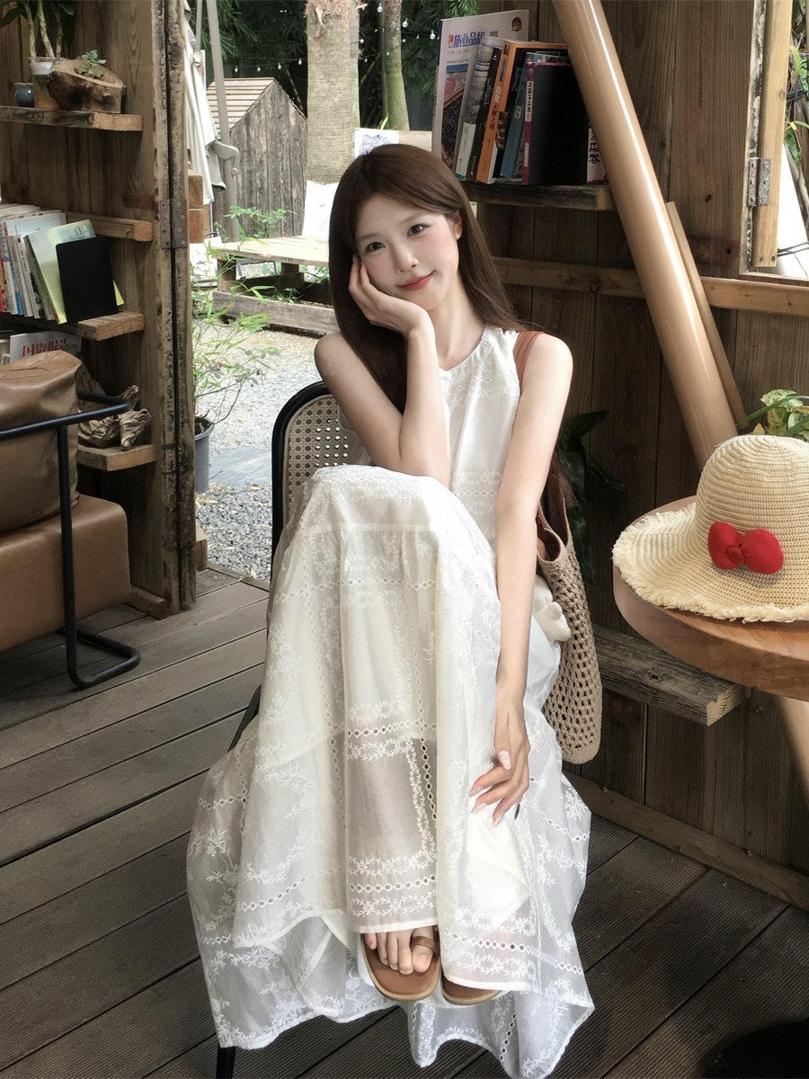 French Jacquard Sleeveless A-Line Maxi Dress for Women